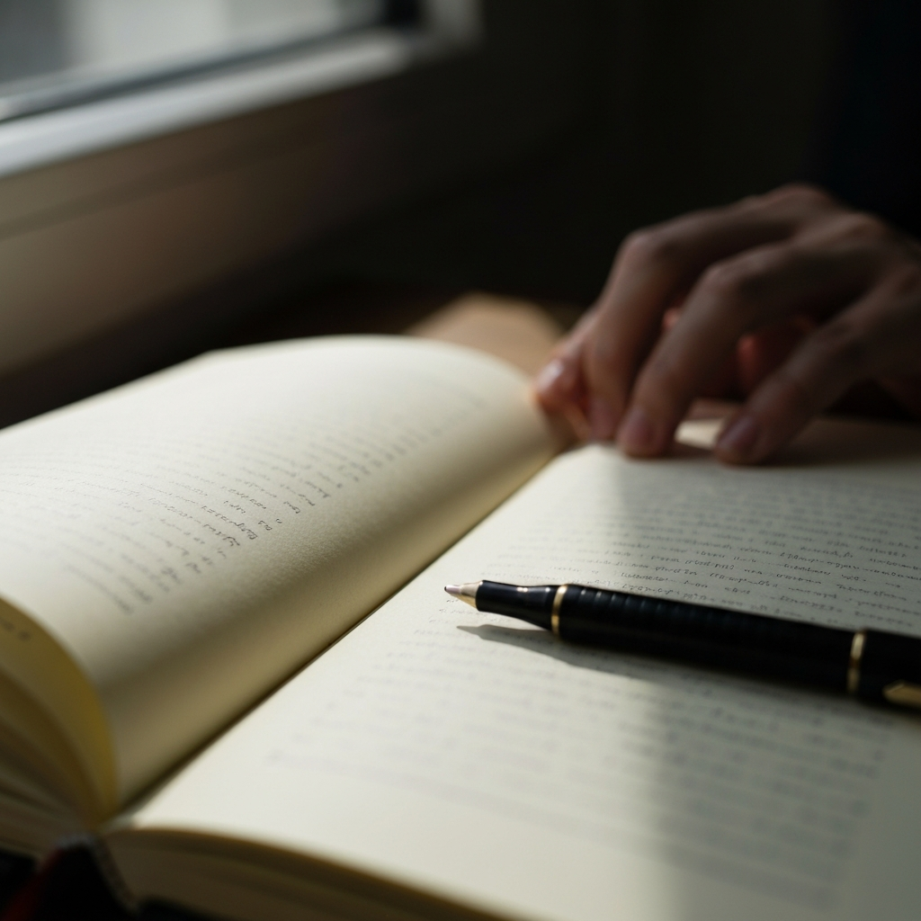 Close-up shot of a journal with an open page. Soft, natural light from a nearby window illuminates the textured paper and the tip of a pen resting on the page.