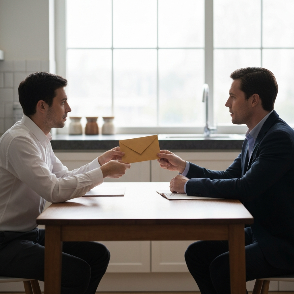 Two figures seated at a kitchen table, engaged in quiet conversation. One figure is handing a sealed envelope to the other. The scene is bathed in soft, diffused daylight.