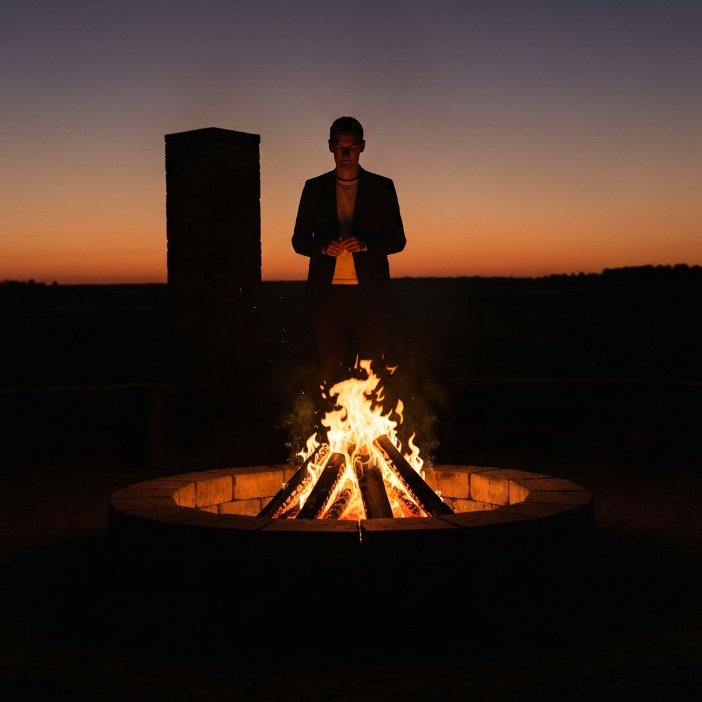 A person standing near a bonfire at dusk, silhouetted against the flames. The fire is contained within a stone fire pit, and the surrounding area is dark. The sky is a deep orange and purple.