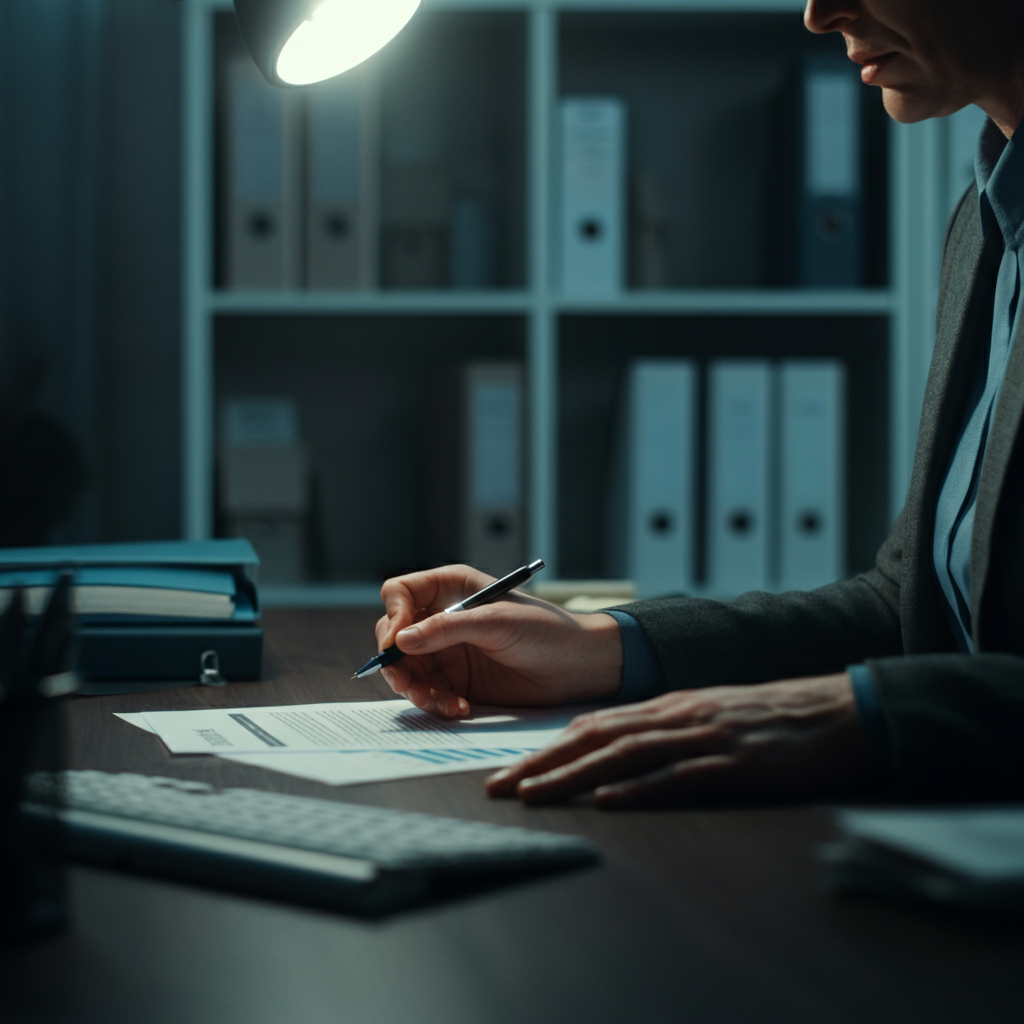 A brightly lit office setting. A person is sitting calmly at a desk, reviewing documents with a pen in hand. Soft bokeh in the background showcases shelves of neatly organized files.