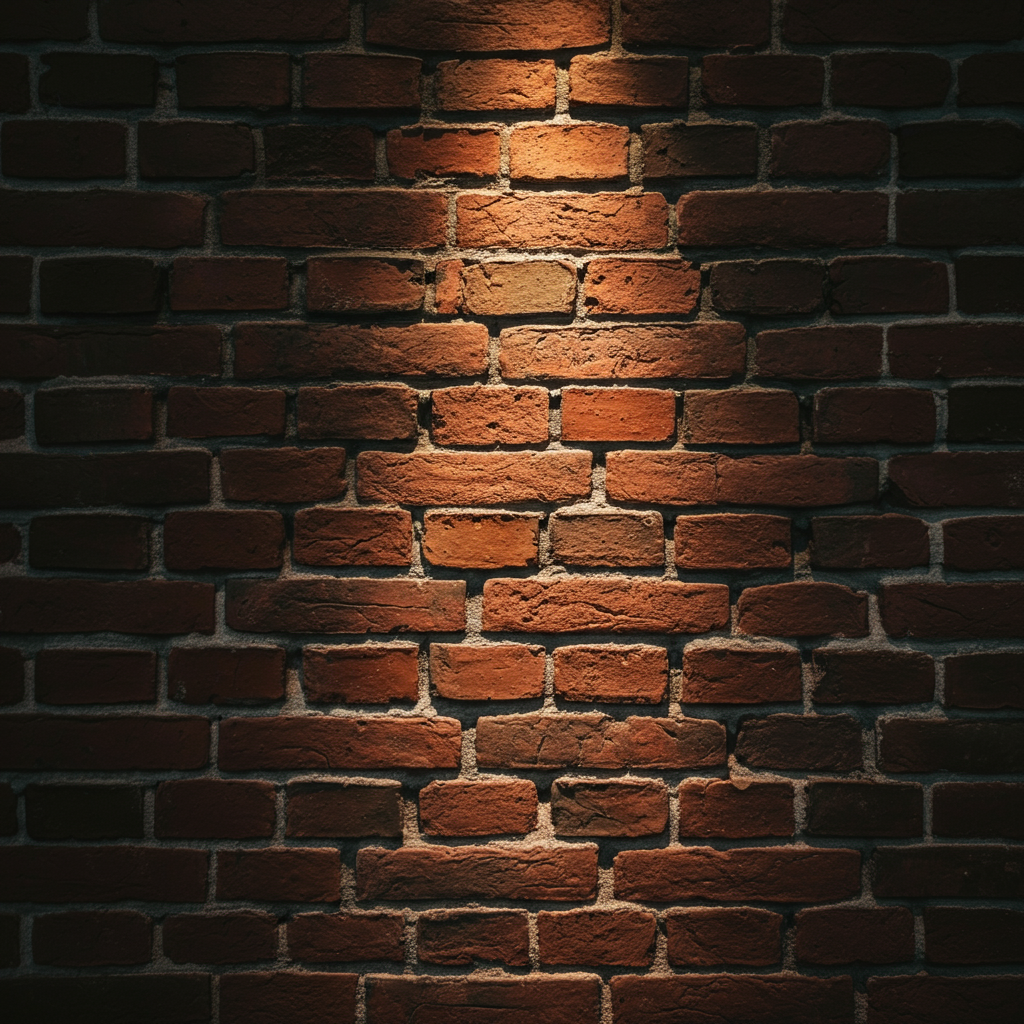 A close-up shot of a weathered brick wall. The bricks have various textures and shades of red, with visible mortar lines. Soft, natural light illuminates the details of the wall's surface.