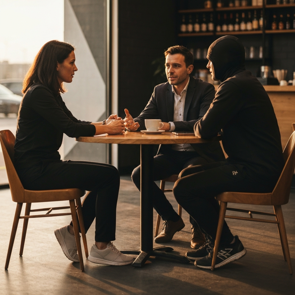 Three individuals are engaged in a conversation around a small, round table in a coffee shop. They are dressed in business casual attire. The lighting is warm and inviting, with shallow depth of field.
