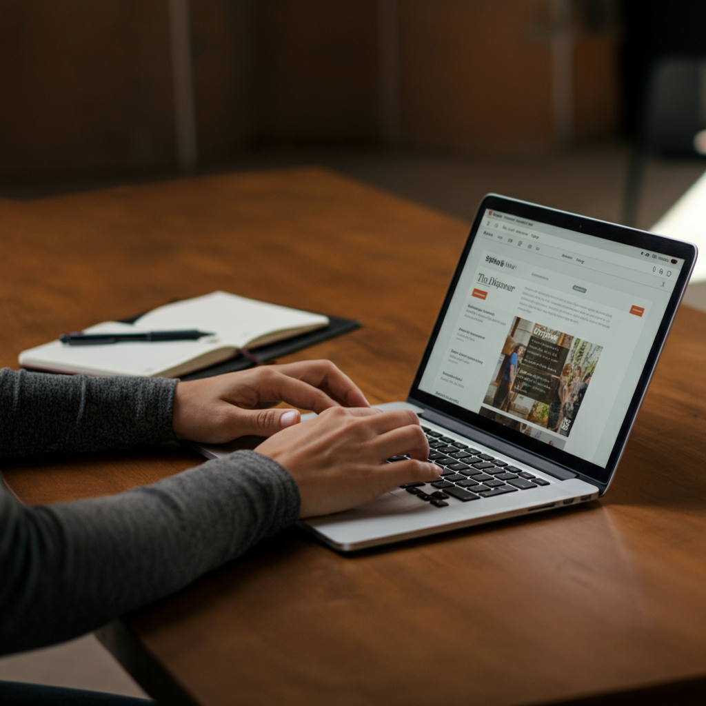 A person is typing on a laptop with a focused expression. The screen displays a news website. A notepad and pen are visible on the desk nearby.