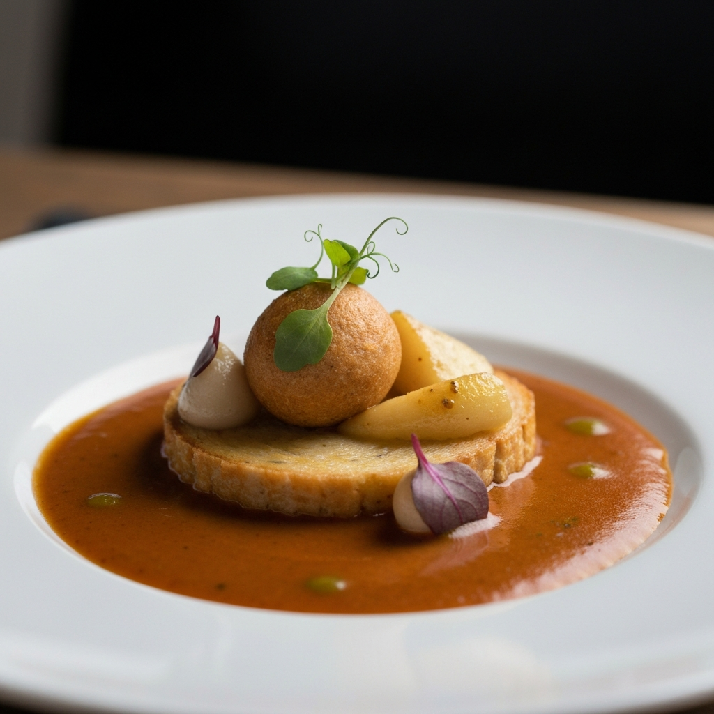 A close-up shot of a perfectly plated dish. Soft, diffused lighting highlights the textures of the various components. The background is blurred with a shallow depth of field, focusing attention on the food's visual details. 