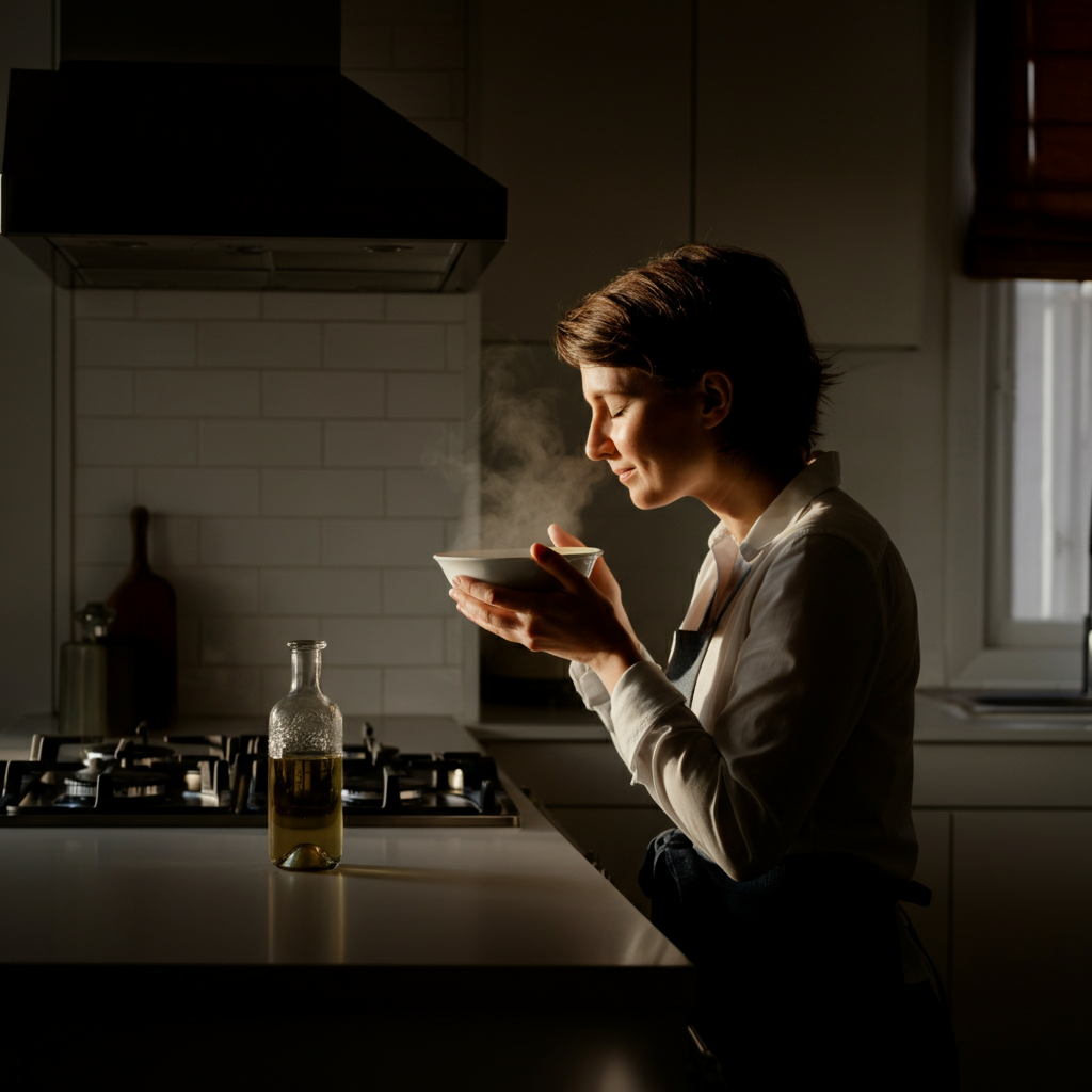 A person in a well-lit, modern kitchen carefully sniffing a bowl of steaming soup. Their eyes are closed in concentration. Soft, natural light streams in from a nearby window, creating a warm and inviting atmosphere.