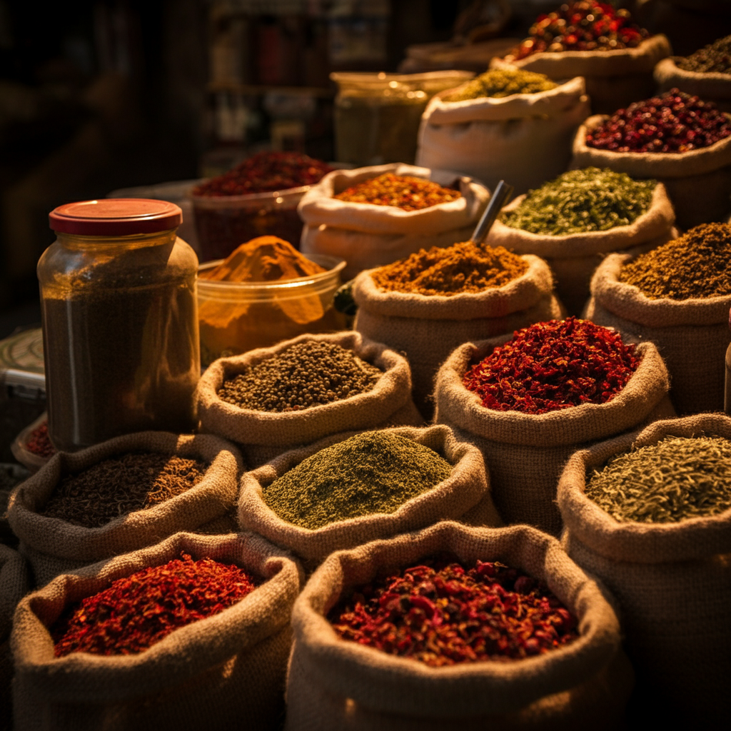 A vibrant spice market scene. Jars and sacks filled with colorful spices are arranged artfully. Golden hour lighting creates long shadows and highlights the textures of the spices.