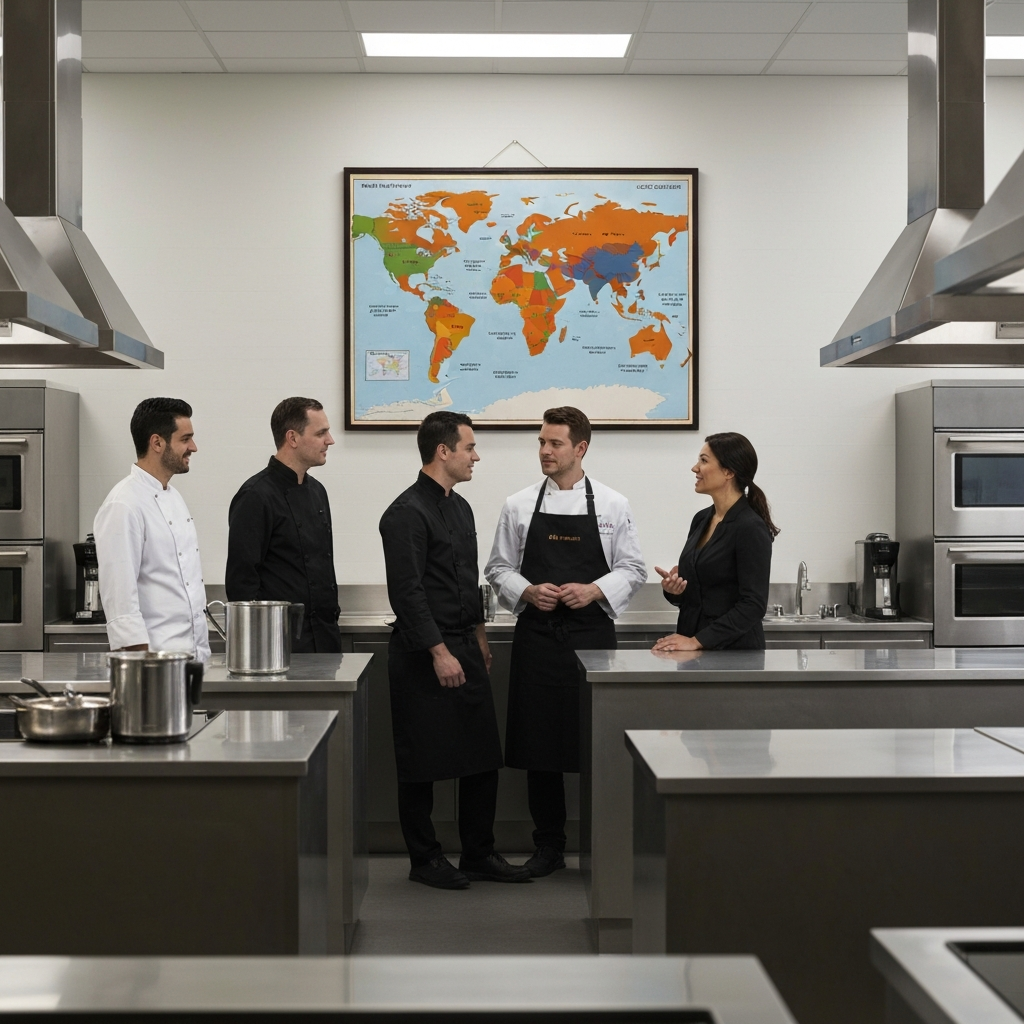 A brightly colored map of the world hangs on a wall in a professional culinary school setting. Students are gathered around the map, discussing the origins of various dishes. The room is well-lit and equipped with modern kitchen appliances.