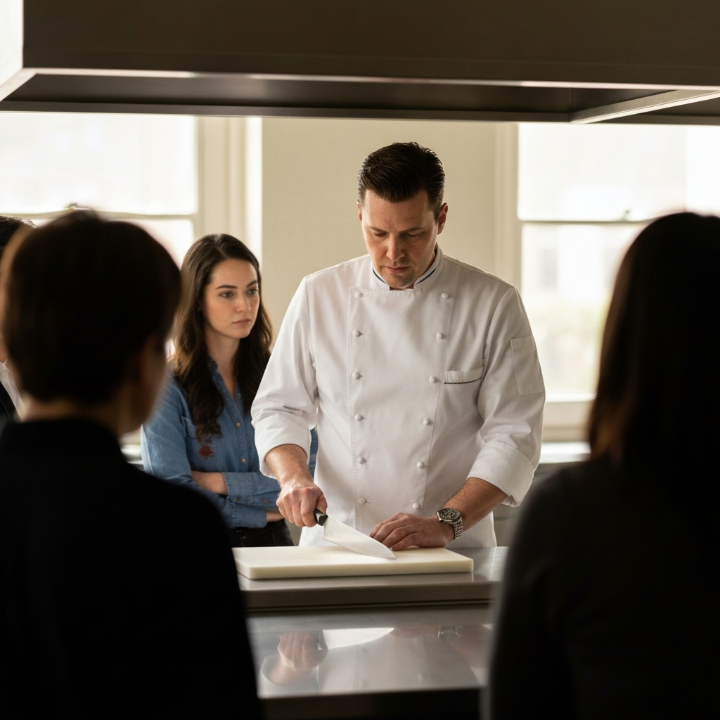 A professional chef standing in a brightly lit kitchen demonstrating knife skills to a group of attentive students. The chef is wearing a crisp white uniform and holding a gleaming chef's knife.