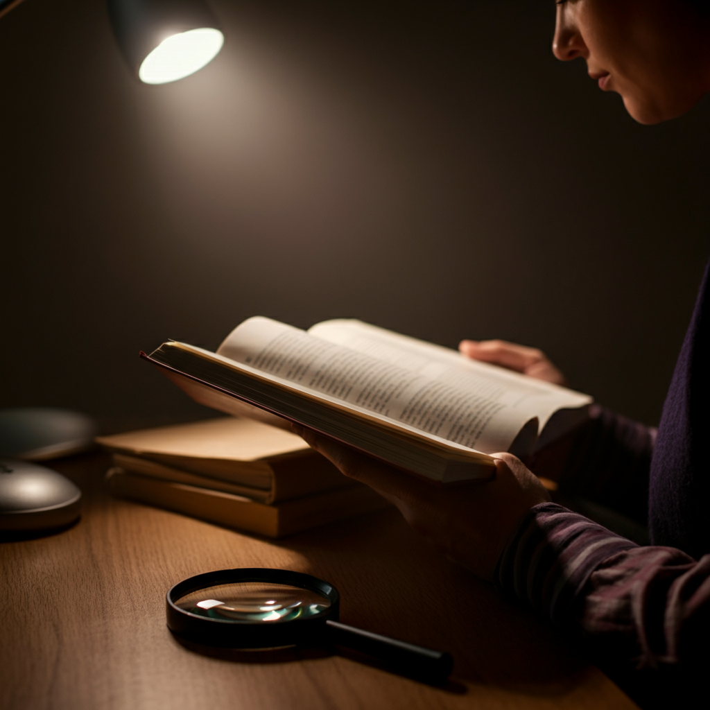 A softly lit study room. A person sits at a desk, engrossed in reading a medical textbook. A magnifying glass rests nearby, highlighting the texture of the book's pages. The room has a warm, inviting ambiance.