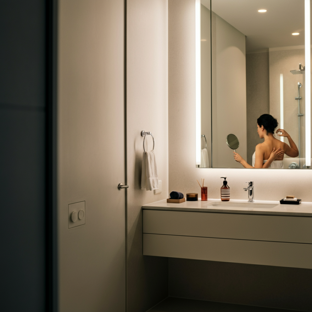 A bathroom with soft, diffused lighting. A person stands in front of a large mirror, carefully examining their back with a handheld mirror. The bathroom is clean and well-organized, with toiletries neatly arranged.