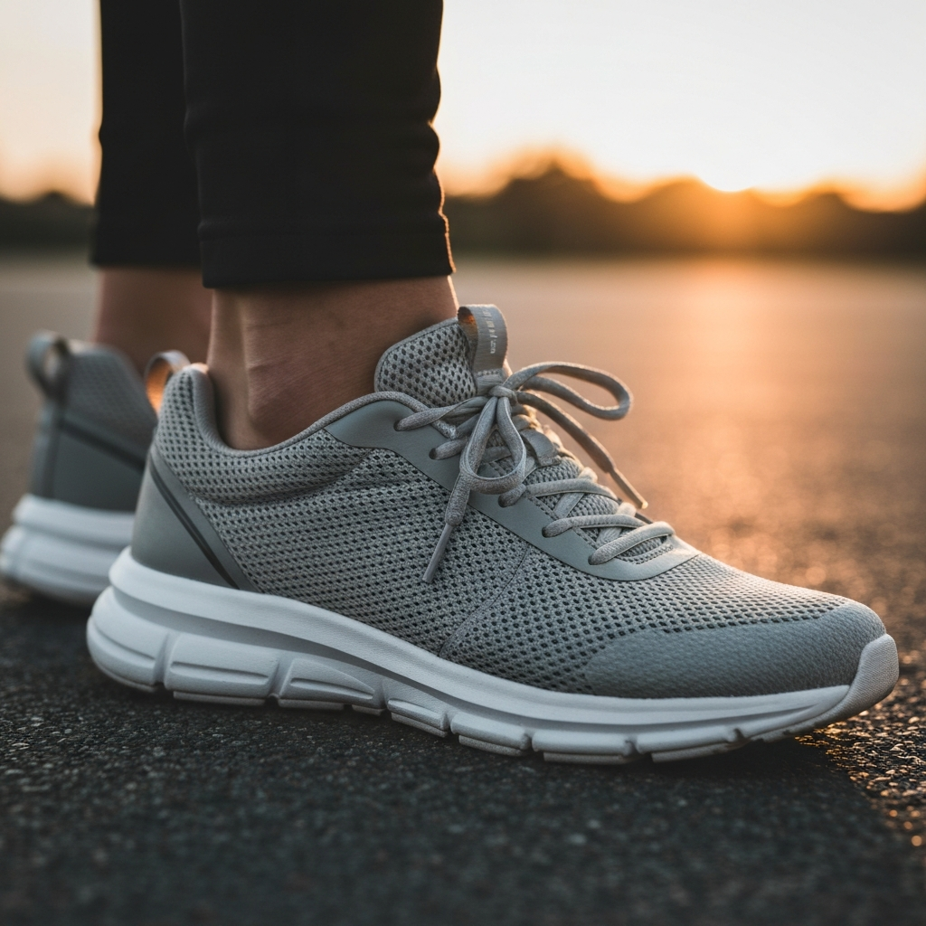 A close-up shot of a person's feet wearing supportive athletic shoes. The shoes are clean and well-maintained. The focus is on the texture of the shoe fabric and the laces, with shallow depth of field.