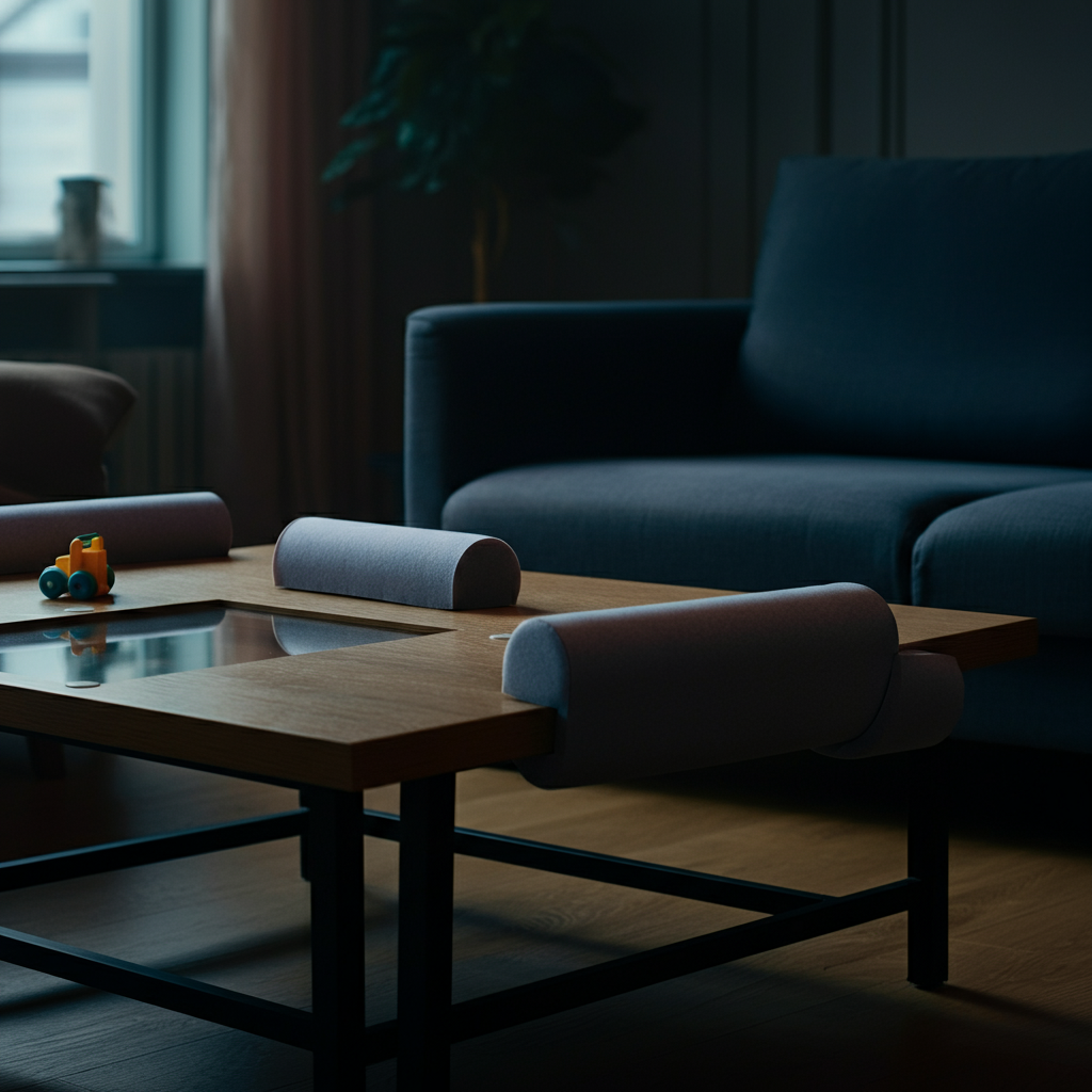 A modern living room with childproofing elements. Soft padding is attached to sharp corners of a coffee table. The room is bright and airy, with natural light streaming through the windows.