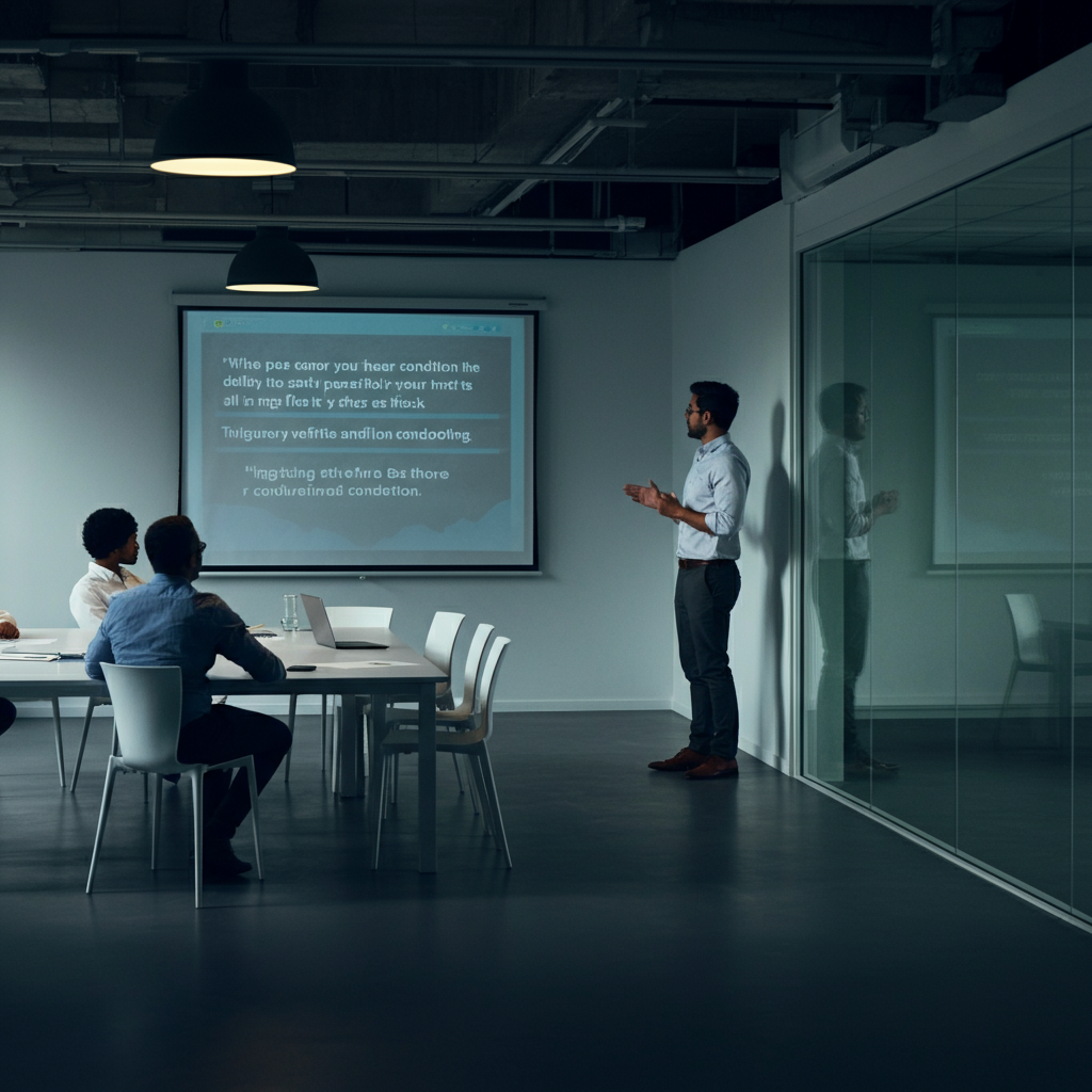 A brightly lit office meeting room. A person is explaining their condition to colleagues during a presentation. The atmosphere is professional and supportive.