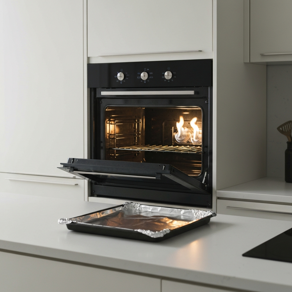 Wide shot of a kitchen counter, an oven in the background with its door slightly ajar. A baking sheet lined with aluminum foil sits in the foreground, lit by the warm glow of the oven light.