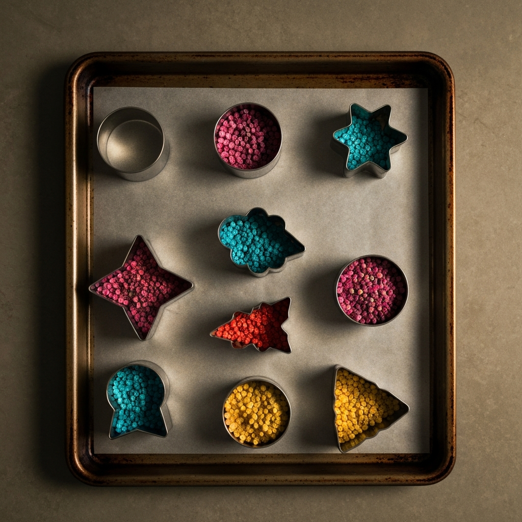 Top-down shot of a baking sheet covered with several metal cookie cutters in various shapes. The cookie cutters are filled halfway with colorful aroma beads, lit with soft, overhead lighting.