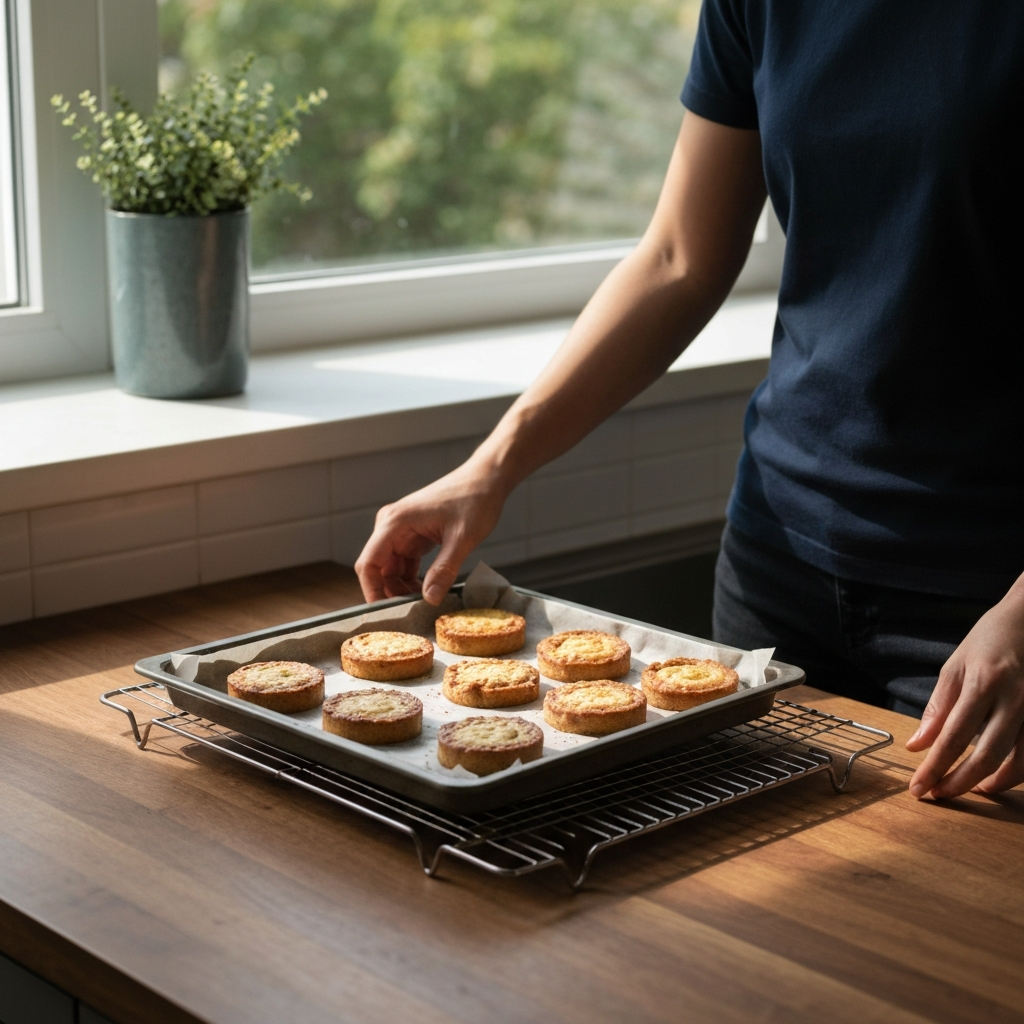 A baking sheet with cooling freshies sitting on a wire cooling rack, placed on a wooden kitchen countertop. Natural light streaming in from a nearby window, creating soft shadows.