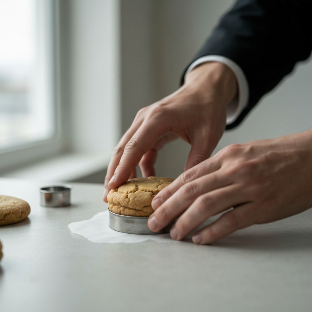 Hands carefully pressing a cooled freshie out of a cookie cutter. Soft bokeh in the background, highlighting the textures of the cookie cutter and the freshie.