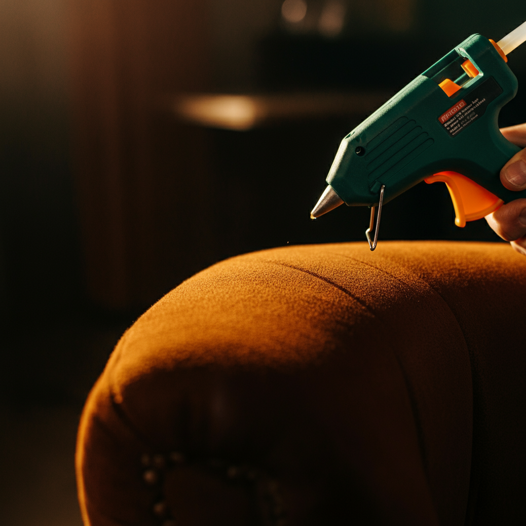 Close-up of a hot glue gun applying glue to the back of a freshie. Focus on the texture of the glue and the freshie, with soft, warm lighting.