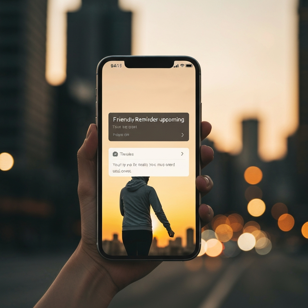 A smartphone displaying a friendly reminder notification for an upcoming event. The notification pops up against a blurred background of a busy cityscape at dusk. Golden hour lighting casts a warm glow on the phone screen.