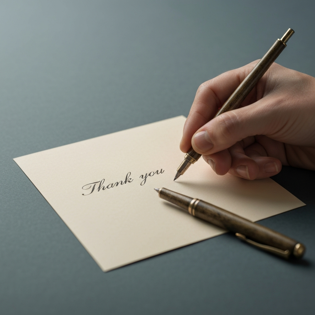 A person writing a handwritten note on a thank-you card with elegant stationery. The lighting is soft and diffused, highlighting the texture of the paper and the ink. A vintage pen rests beside the card.