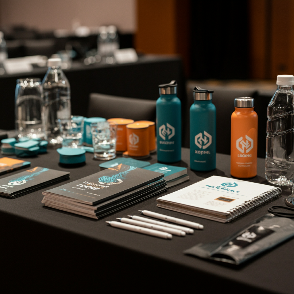 A table displaying various promotional items, such as branded water bottles, notebooks, and pens. The items are arranged neatly and brightly lit, showcasing the event logo and colors. The background is a blurred conference hall.