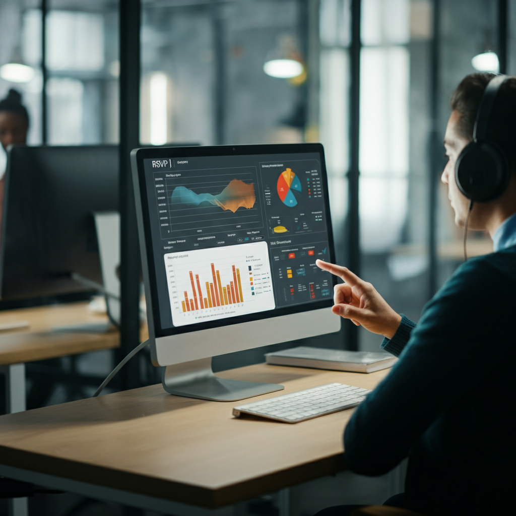 A person looking at a data dashboard on a computer screen, analyzing RSVP response rates and trends. The screen displays charts and graphs with various colors and data points. The background is a modern office with blurred figures working in the distance.