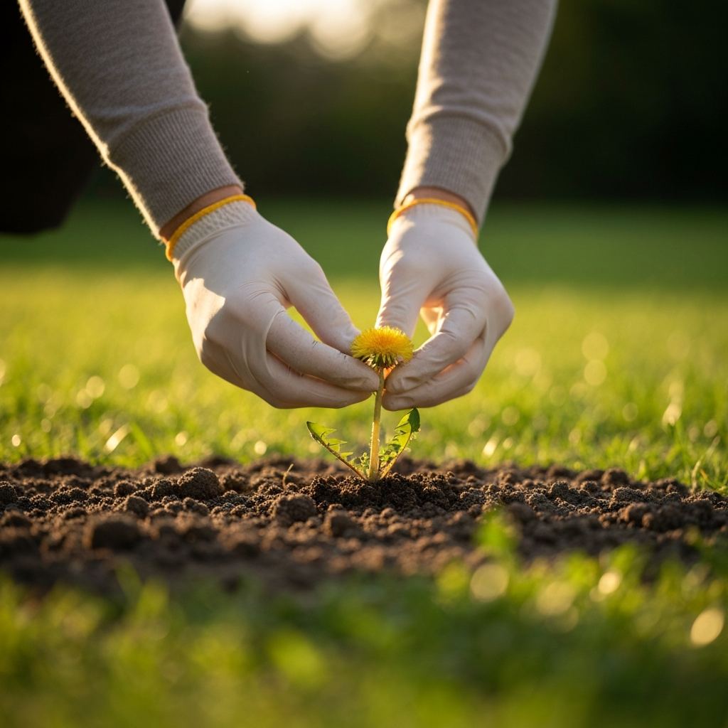 Close-up shot of gloved hands gently pulling a dandelion out of moist soil. Soft bokeh in the background shows a lush green lawn. Golden hour lighting enhances the textures of the soil and plant.