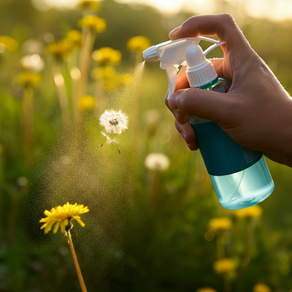 Hand holding a spray bottle, directing a stream of liquid onto a dandelion leaf. Side-lit, highlighting the droplets on the leaf surface. Soft background bokeh of a flower garden.