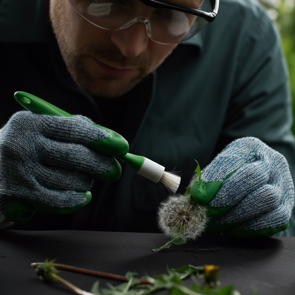 A person wearing gardening gloves and safety glasses carefully applying horticultural vinegar to a dandelion leaf with a small brush. Focus is on the brush and leaf, with a slightly blurred background of a well-maintained garden.