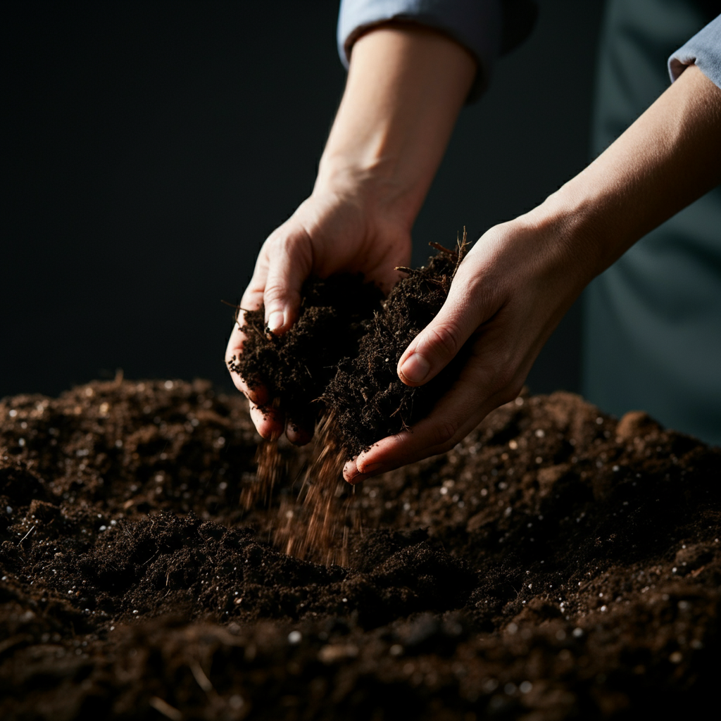 Hands mixing compost into garden soil. Focus on the texture of the soil and compost. Natural, diffused light highlighting the rich, dark color of the compost.