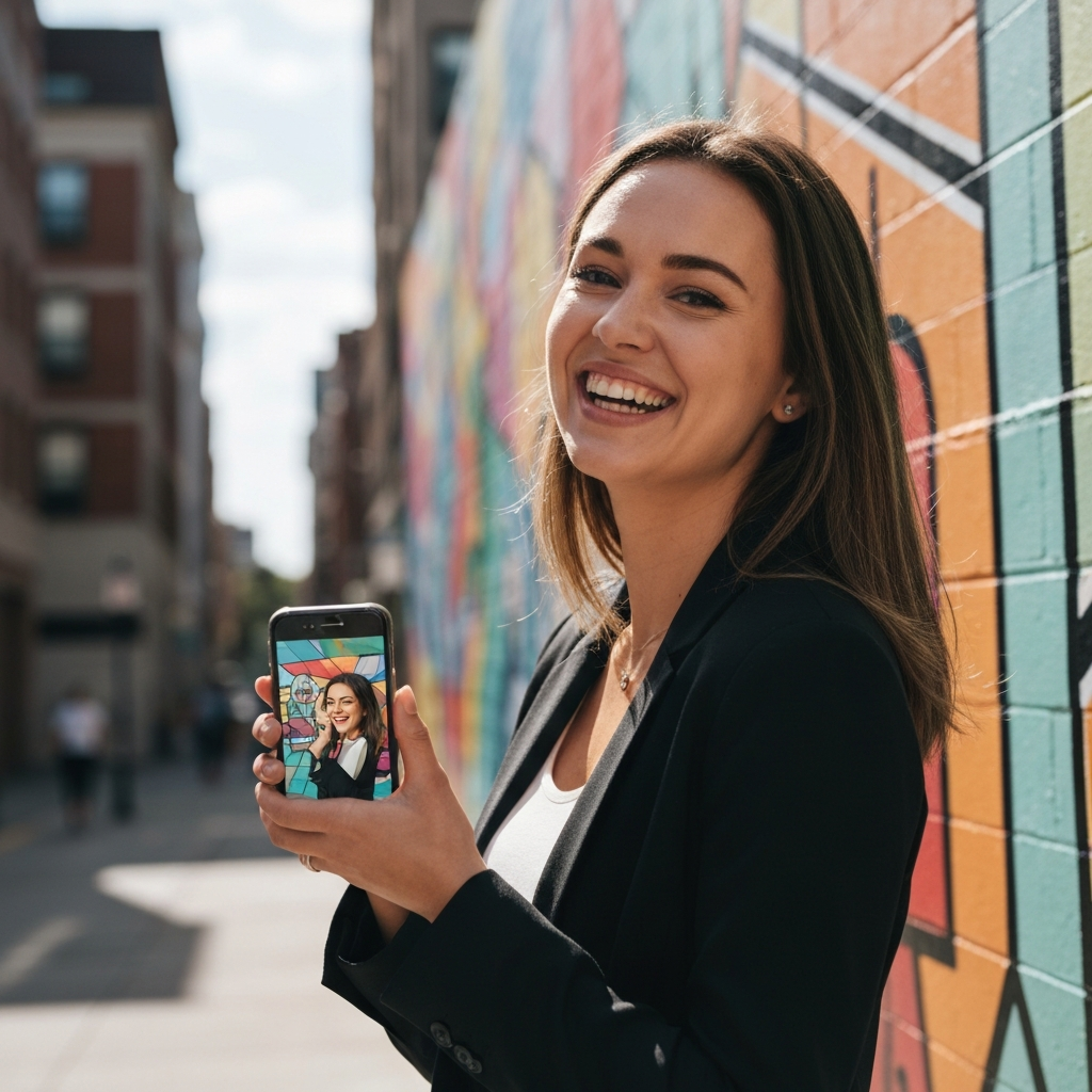 A young woman smiles brightly while holding her smartphone. She is standing in front of a colorful mural in a city, bathed in soft, diffused sunlight. She is wearing a fashionable outfit, and the phone screen reflects the mural colors subtly.