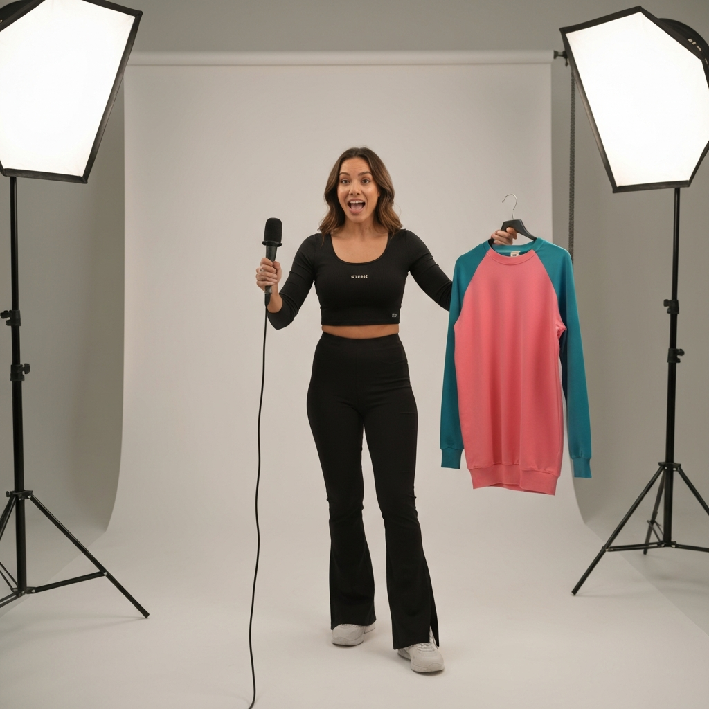 A social media influencer is recording a video in a professionally lit studio. The background is a clean white wall, and softboxes provide even lighting. She is holding up a brightly colored Shein outfit and describing its features enthusiastically.