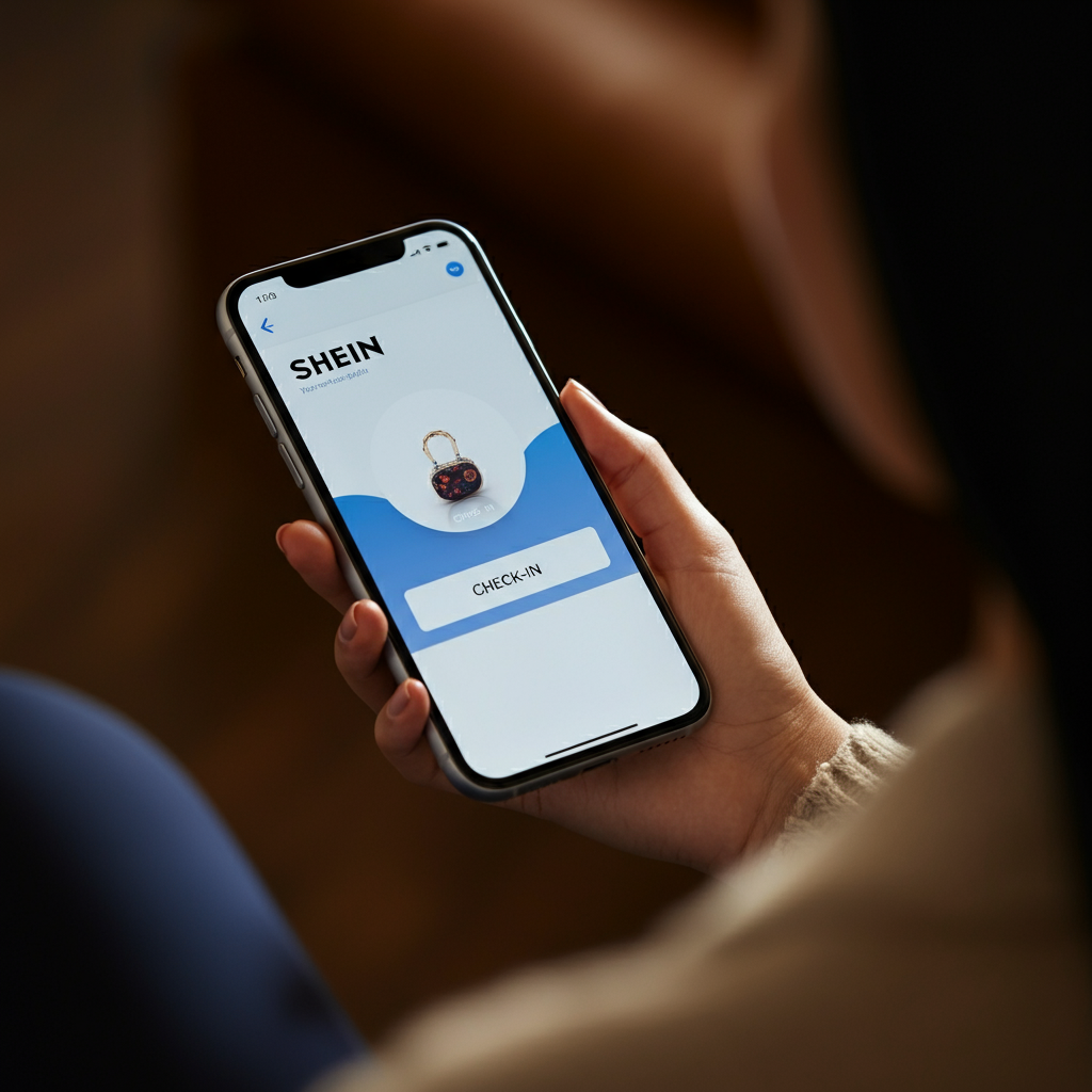 A woman's hand holds a smartphone, showcasing the Shein app's home screen with the "Check-In" button highlighted. The background is blurred, creating a shallow depth of field. Soft, diffused light illuminates the screen.