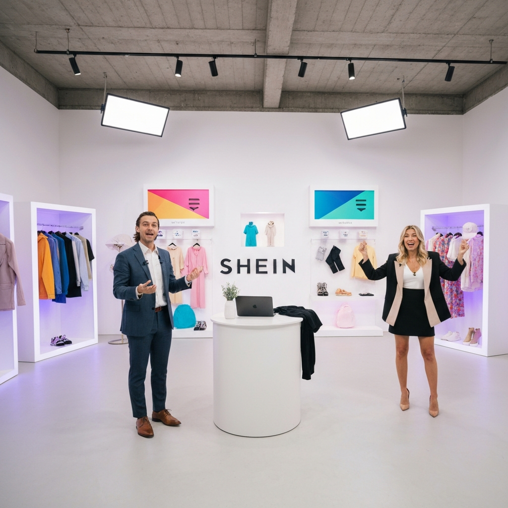 A bright, professional studio setting for a SHEIN live stream. Two hosts are enthusiastically showcasing clothing items to the camera. Colorful graphics and product displays adorn the background, illuminated with vibrant lighting.