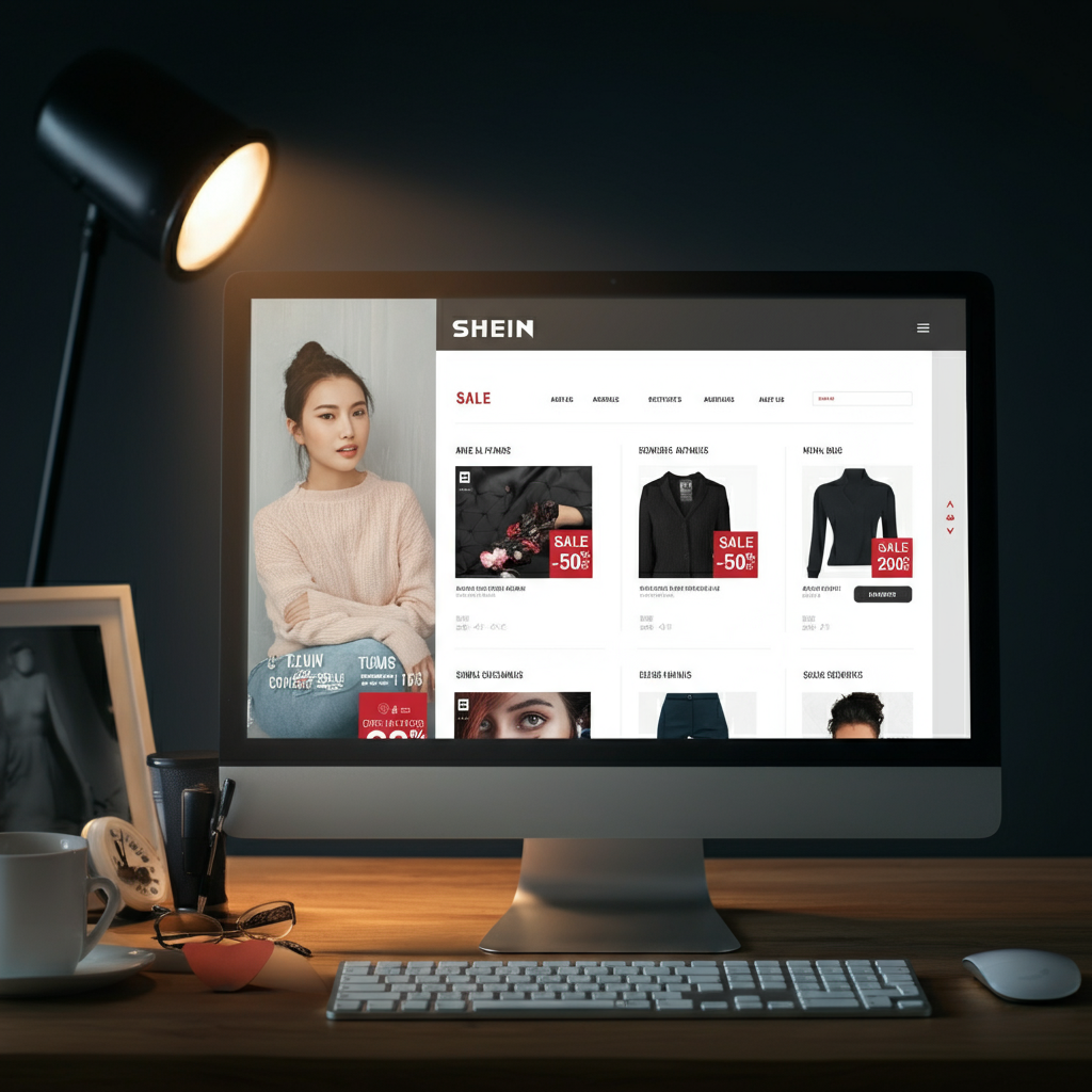 A neatly organized section of the SHEIN website displayed on a large computer monitor. The sale items are prominently featured, with clear images and discounted prices. The room is bathed in soft, ambient light, showcasing the clean interface.