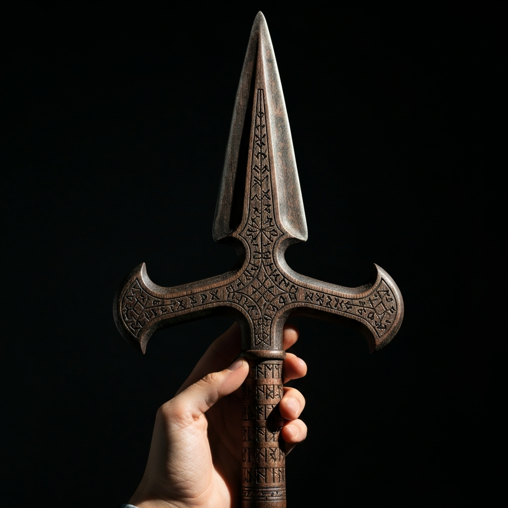 A close-up of an ornate spear, Gungnir, made of dark wood and etched with intricate runes. Soft, directional lighting highlights the details of the craftsmanship and the aged texture of the wood.