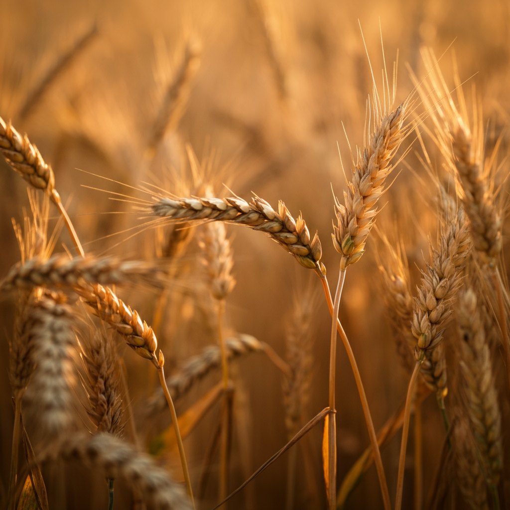A field of wheat glows during the golden hour. Soft bokeh in the background suggests a bountiful harvest. The wheat stalks are side-lit, showcasing their golden texture.