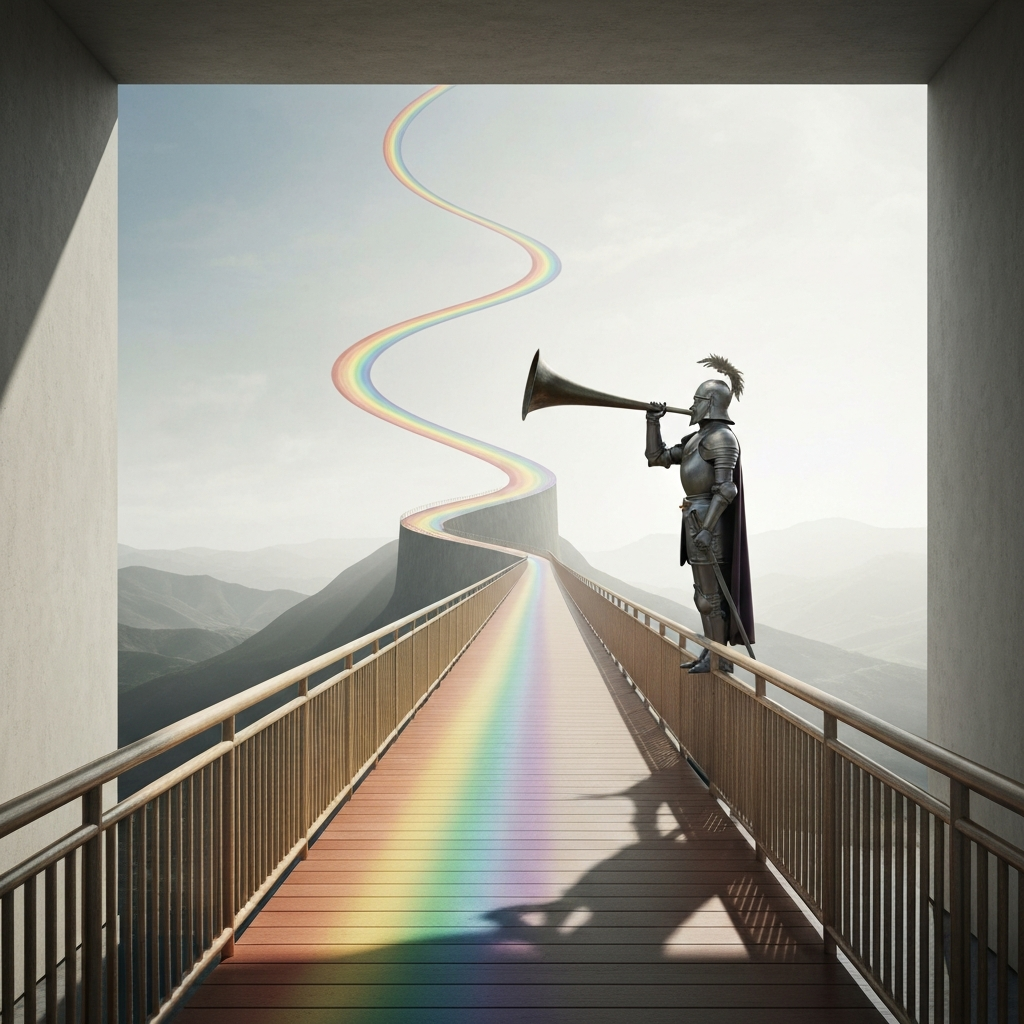 A long, winding rainbow bridge stretches across a stylized landscape. At one end stands a tall, imposing figure in shining armor, holding a large horn to his lips. The light is slightly diffused, creating a sense of mythical distance.