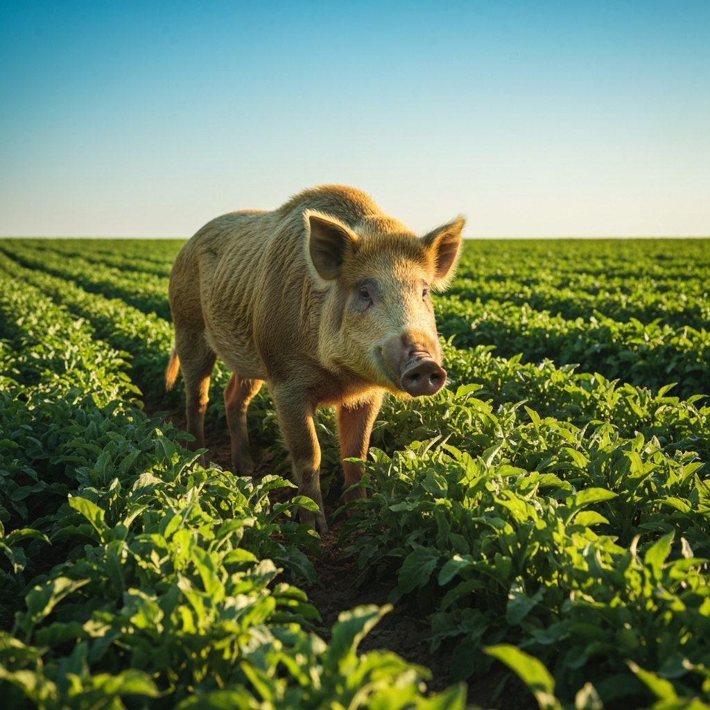 A golden boar stands in a field of crops, illuminated by the sun. The crops are lush and green, and the sky is clear and blue.