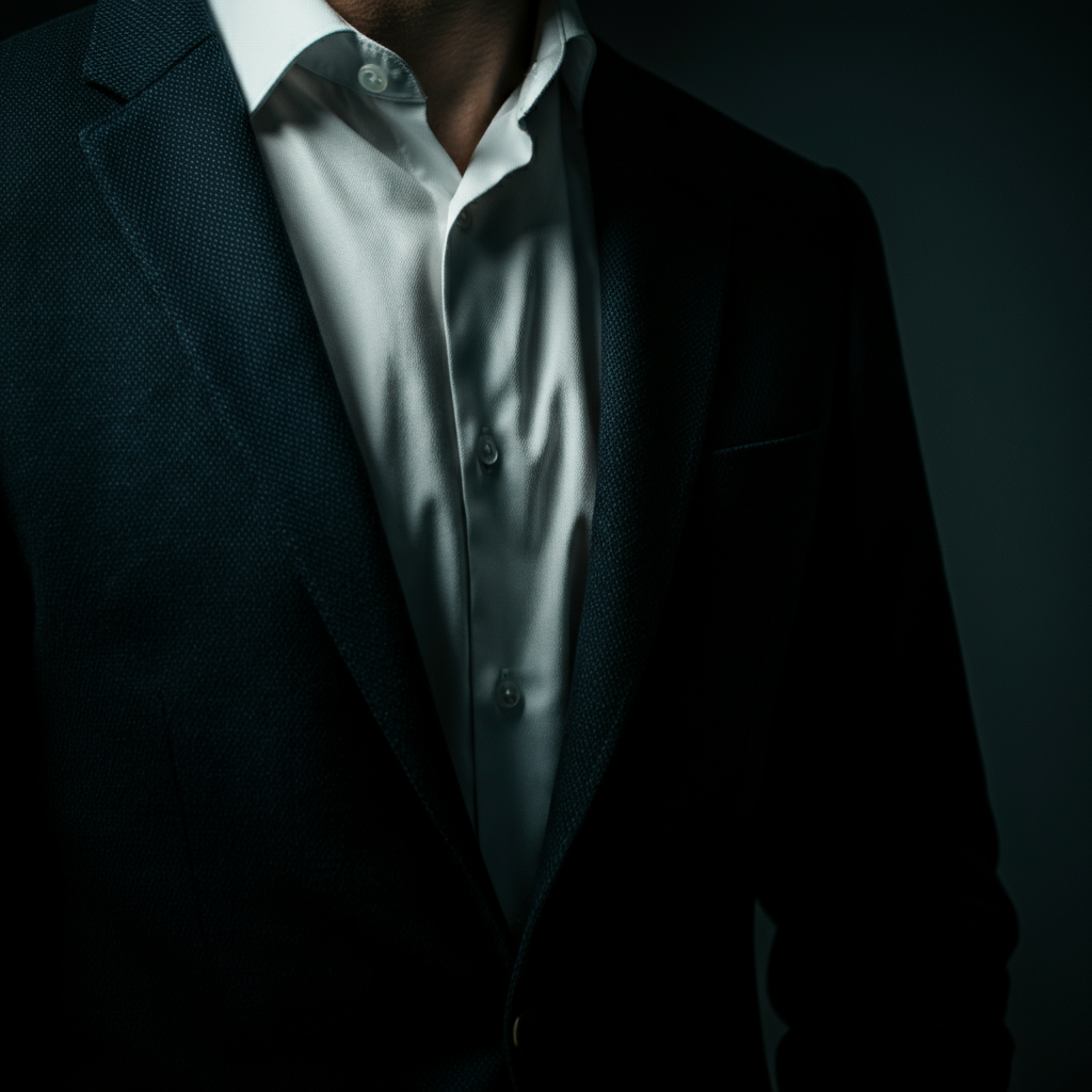 Close-up shot of a man's chest, professionally dressed in a dark blazer and crisp white shirt, subtly rising and falling with an accelerated breathing rhythm. Soft, directional lighting highlights the texture of the fabric.