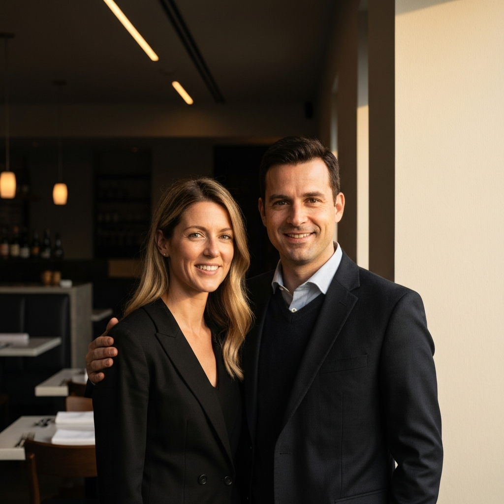 Medium shot of a man and a woman, both smiling gently, standing close together in a dimly lit restaurant. The man's hand is resting lightly on the woman's back. Golden hour lighting is subtly filtering through the window, creating a warm atmosphere.