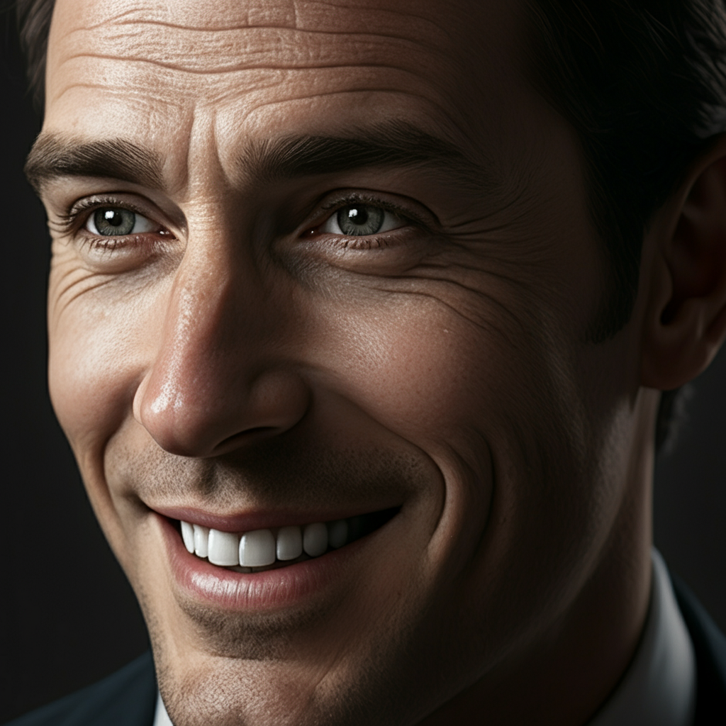 Close-up shot of a man's face, smiling genuinely. His eyes are crinkled at the corners. The lighting is soft and natural, highlighting his features.