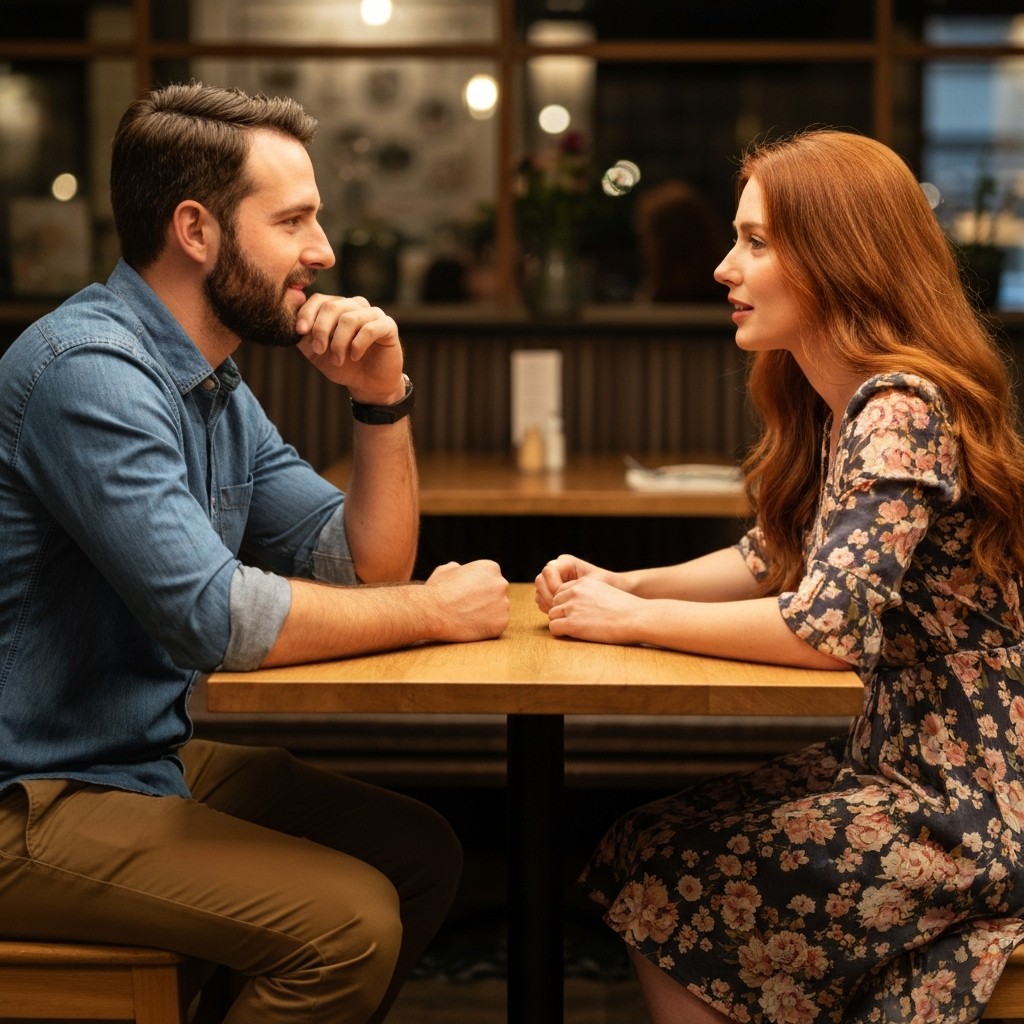 Medium shot of a man and a woman sitting across from each other at a table. They are both leaning forward slightly, with their hands resting on the table. The lighting is warm and inviting.
