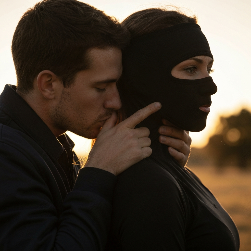 Close-up shot of a man gently kissing a woman's neck. The focus is on the subtle details of their interaction. Soft, romantic lighting enhances the intimacy of the scene.