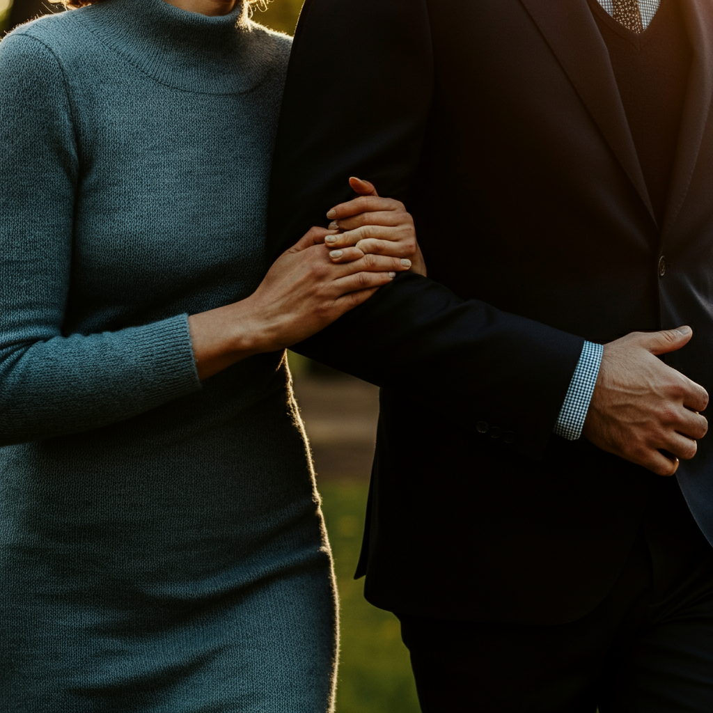 Medium shot of a man and a woman walking side by side in a park. The man's hand is resting lightly on the woman's arm. The scene is bathed in the warm light of a late afternoon sun.