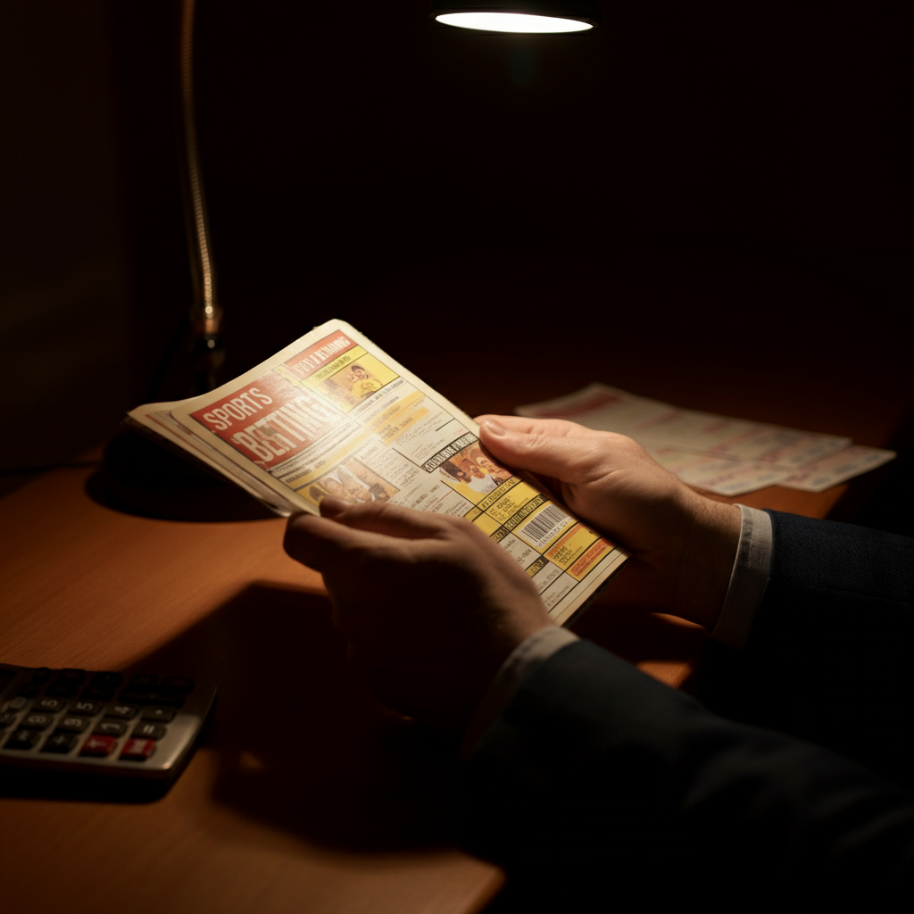 Close-up of a person's hands holding a well-worn sports betting guide, illuminated by a warm desk lamp. Soft bokeh on the background showing betting slips and a calculator.