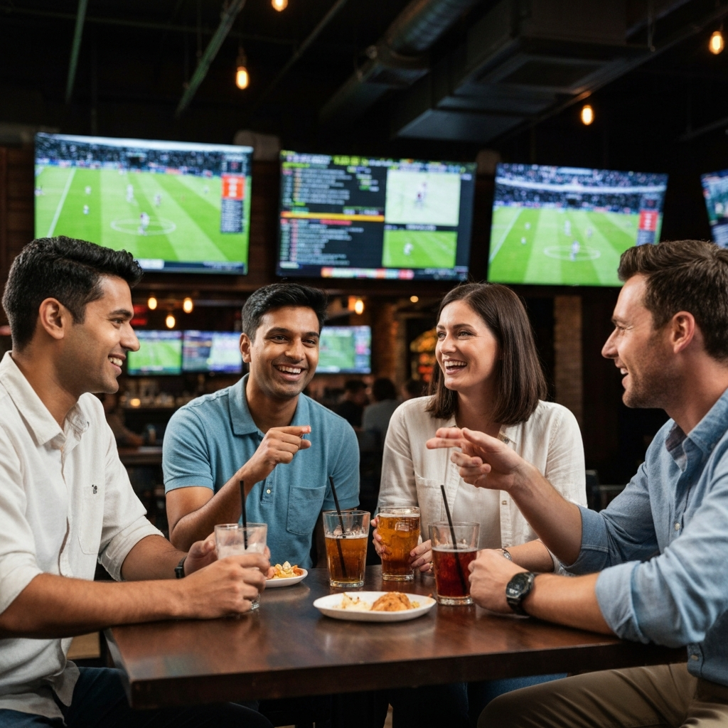 A vibrant sports bar scene with multiple large screens displaying various games. Focus on a group of friends discussing betting strategies over drinks and appetizers, with natural lighting highlighting their animated expressions.