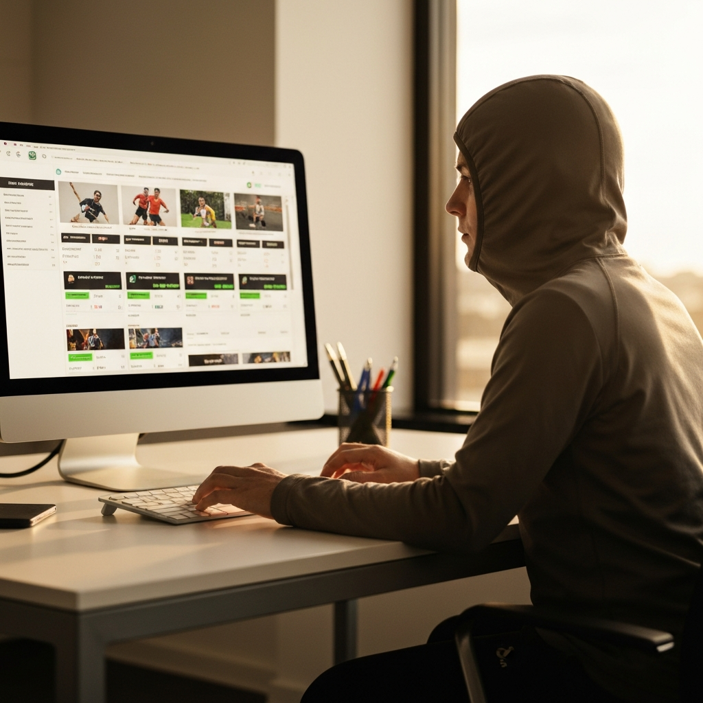 A brightly lit office setting with a person working at a computer, focusing on a sports betting website. Soft focus on the computer screen showing various sports odds and betting options. Clean and professional environment.