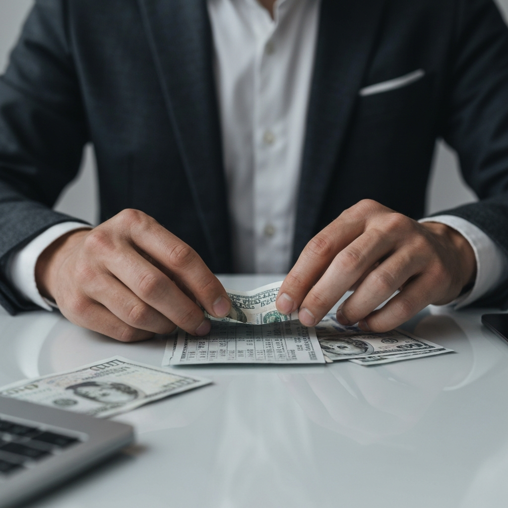 Close-up shot of a person's hands carefully organizing cash and betting slips on a clean desk surface. Side-lit textures and a focused expression.