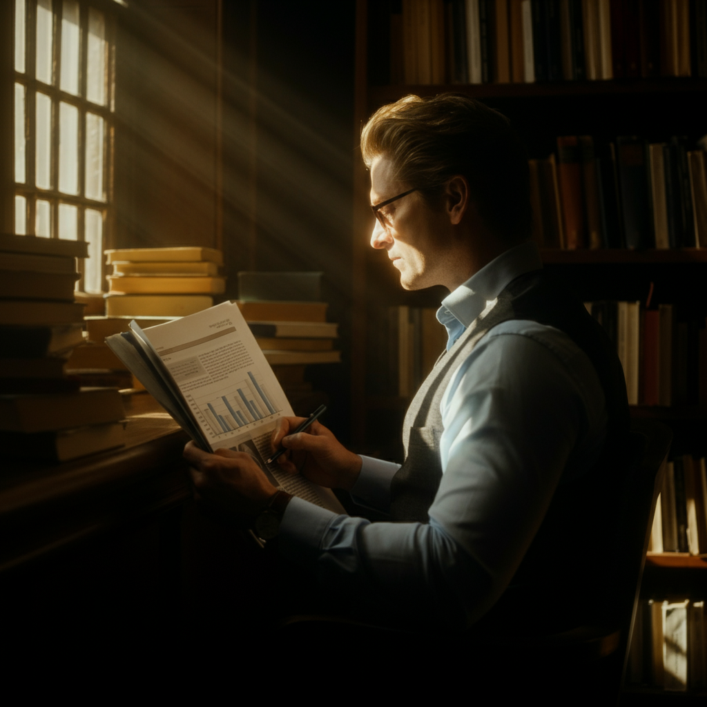 A library setting with a person studying sports statistics and news articles. Golden hour lighting streaming through the window, highlighting the textures of the books and the focused expression of the person.